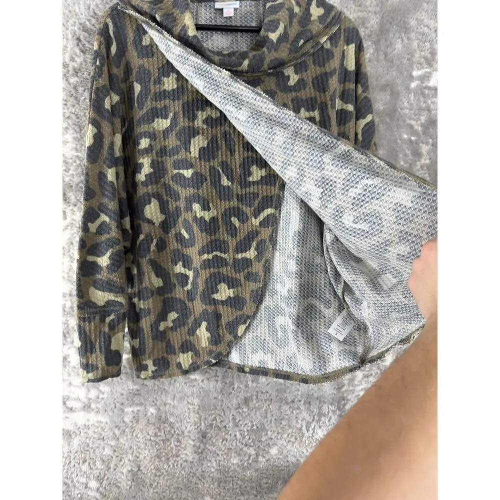 LulaRoe Sz S Kristen Leopard Animal Print Waffle Knit Cowl Neck Pullover Sweater